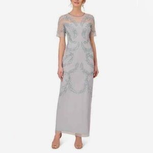 NWT Adrianna Papell Boutique Glacier Pale Blue Beaded Illusion Cocktail Gown 12